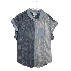 Japna Womens Blue White Striped Button Down Shirt XL Short Sleeve Cotton 18002